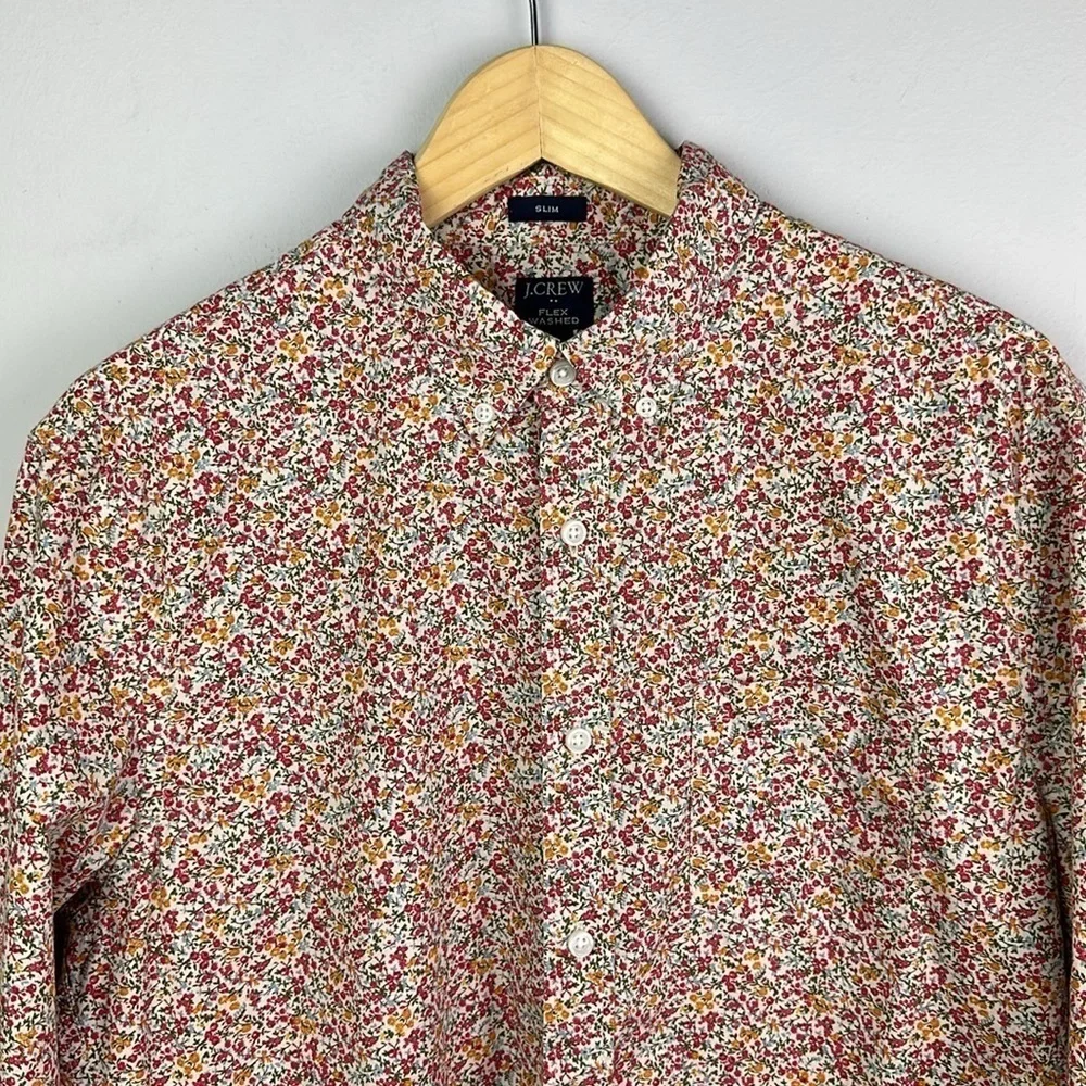 J. Crew Men Ditzy Floral Print Long Sleeve Button Down Lg Shirt Slim Flex Washed